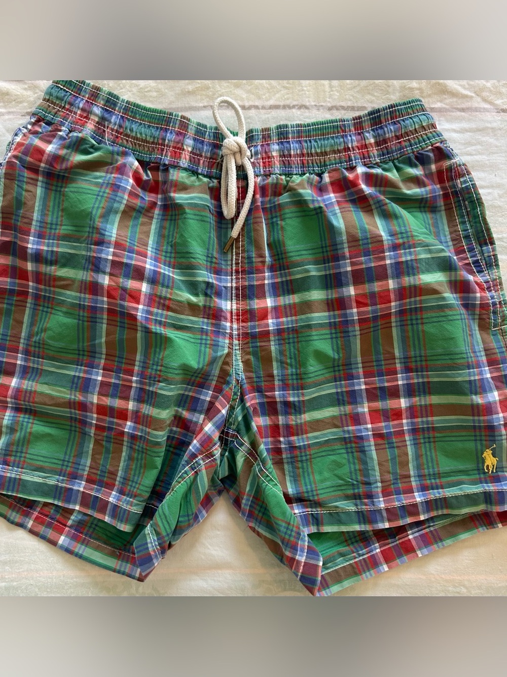 Polo by Ralph Lauren Green Red Blue Plaid EUC Swim Shorts 5” inseam S